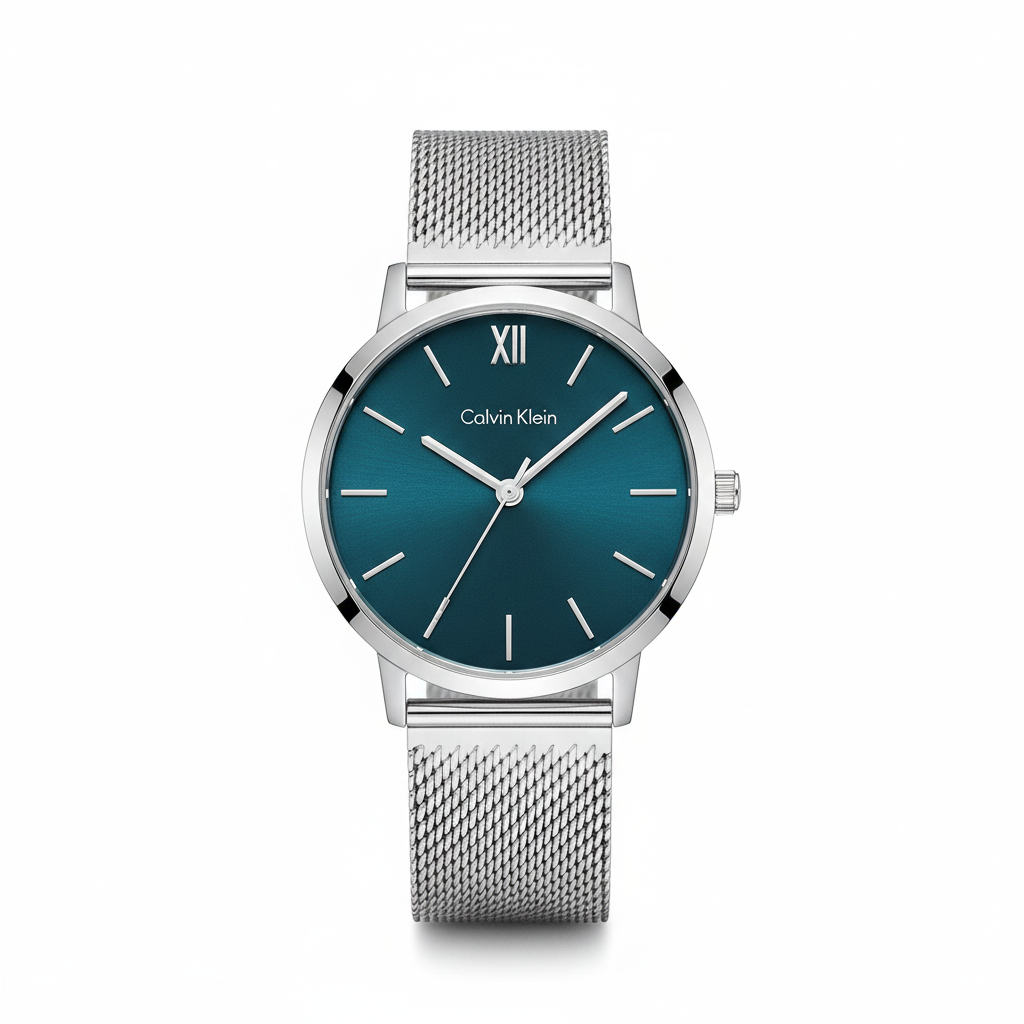 Calvin Klein plateado esfera teal fondo blanco