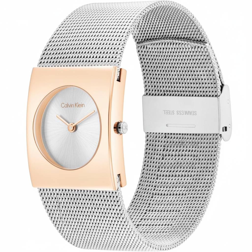 Calvin Klein rectangular oro rosa malla plateada fondo blanco