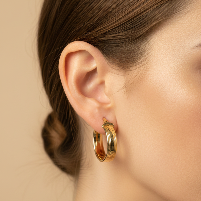 Candongas argolla con líneas en oro 18K - en oreja