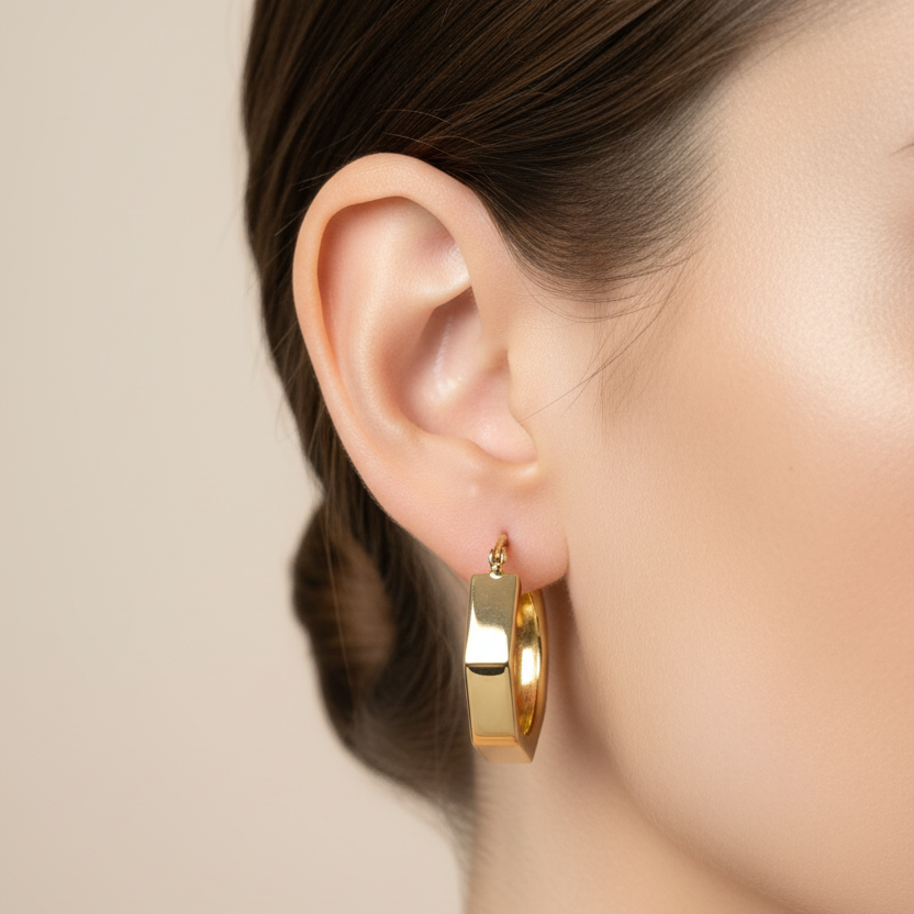 Candongas hexagonales de oro en oreja de mujer