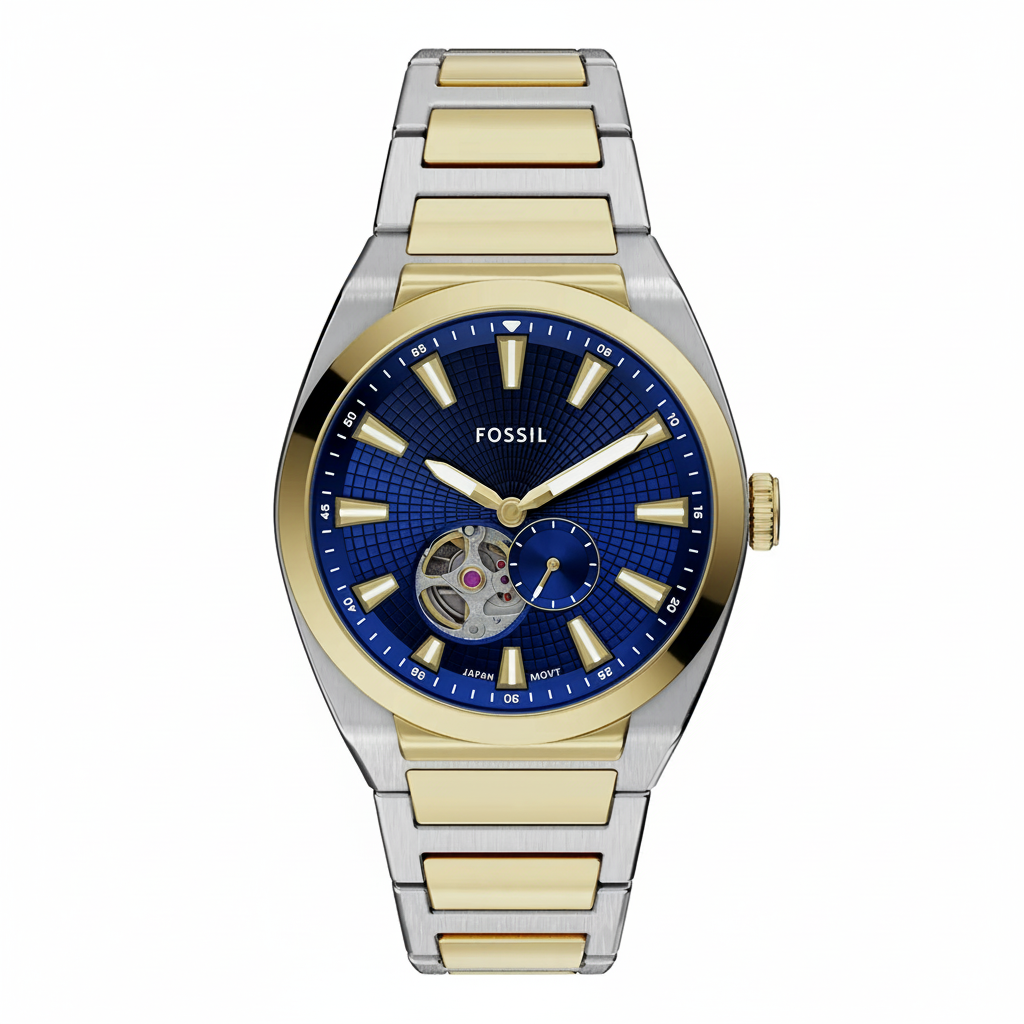 Fossil Everett Automatic bicolor azul fondo blanco