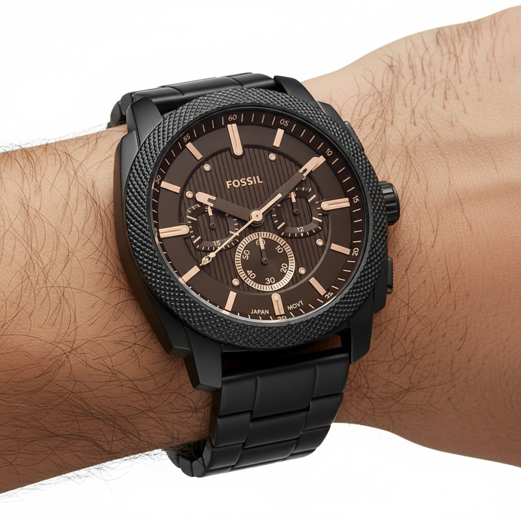 Fossil Machine negro café oro rosa en muñeca