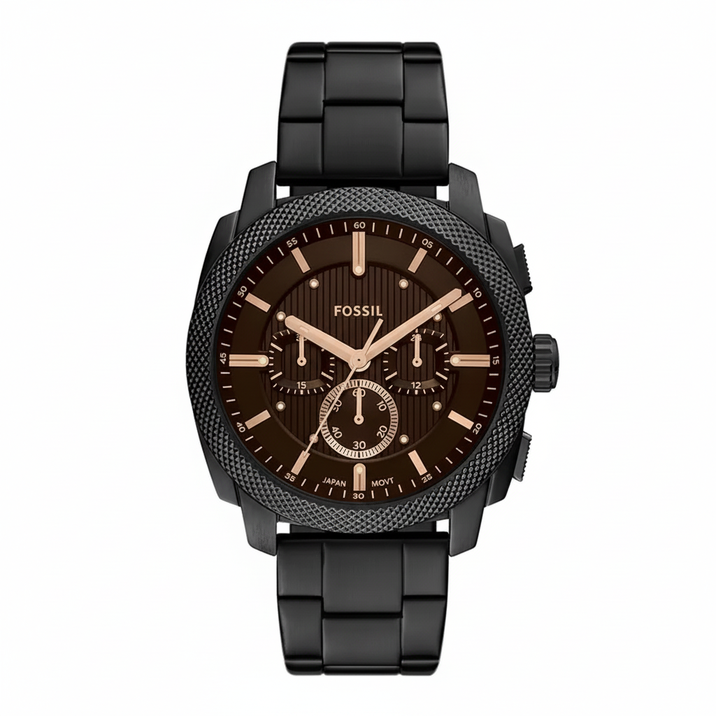 Fossil Machine negro café oro rosa fondo blanco
