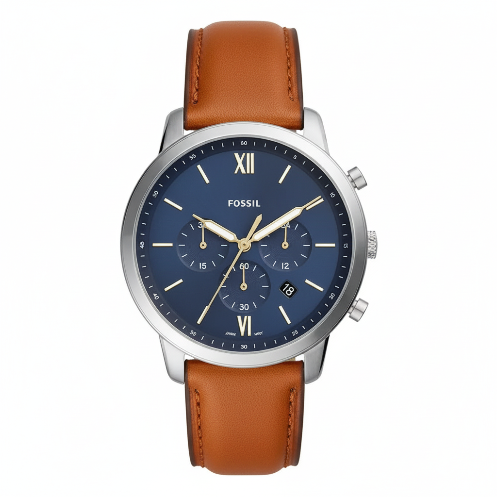 Fossil Neutra Chrono azul cuero tan fondo blanco