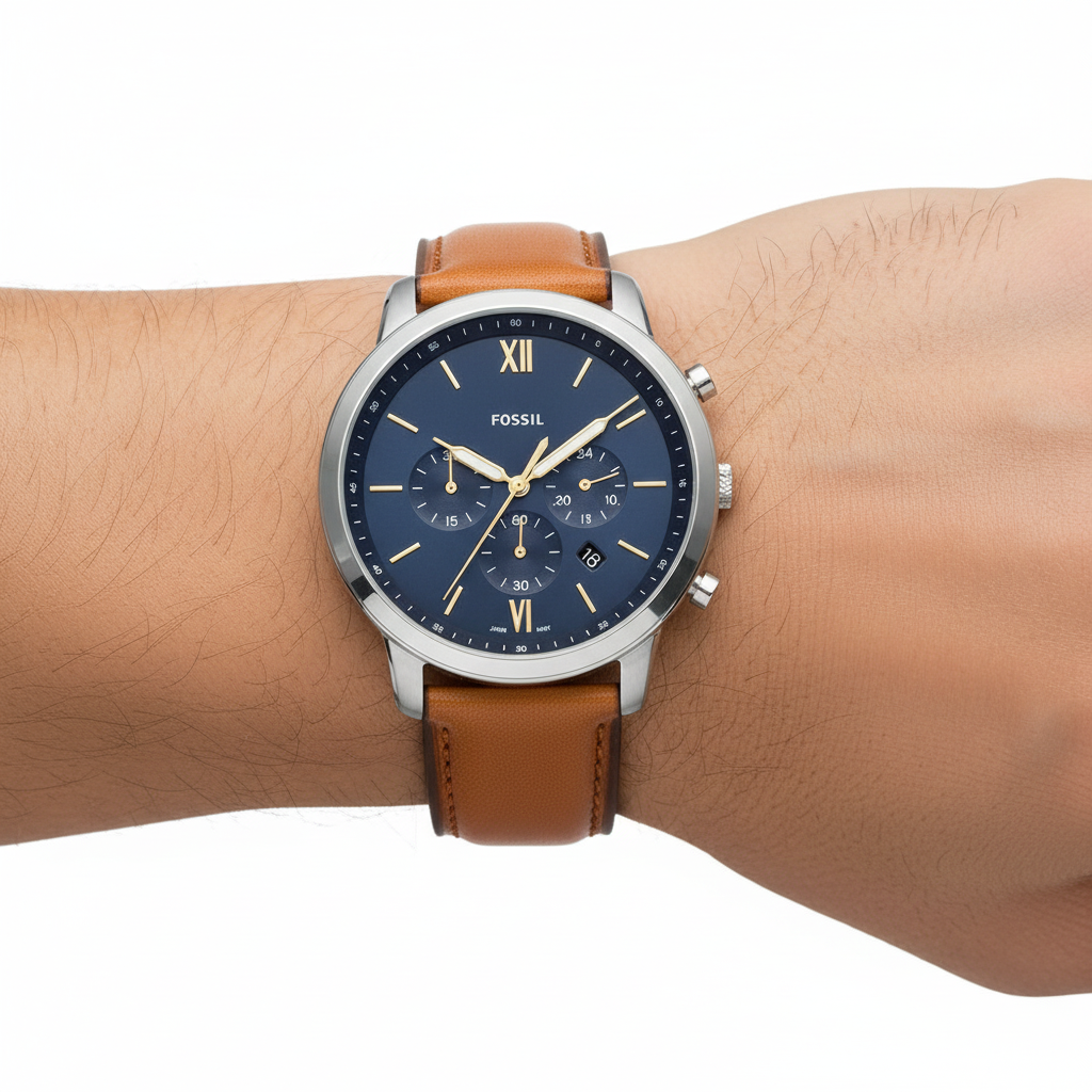 Fossil Neutra Chrono azul en muñeca
