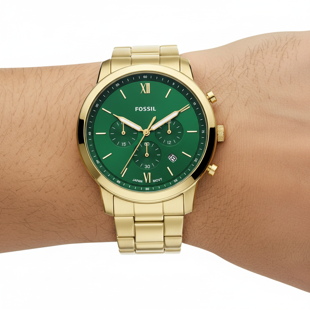 Fossil Neutra Chrono verde dorado en muñeca