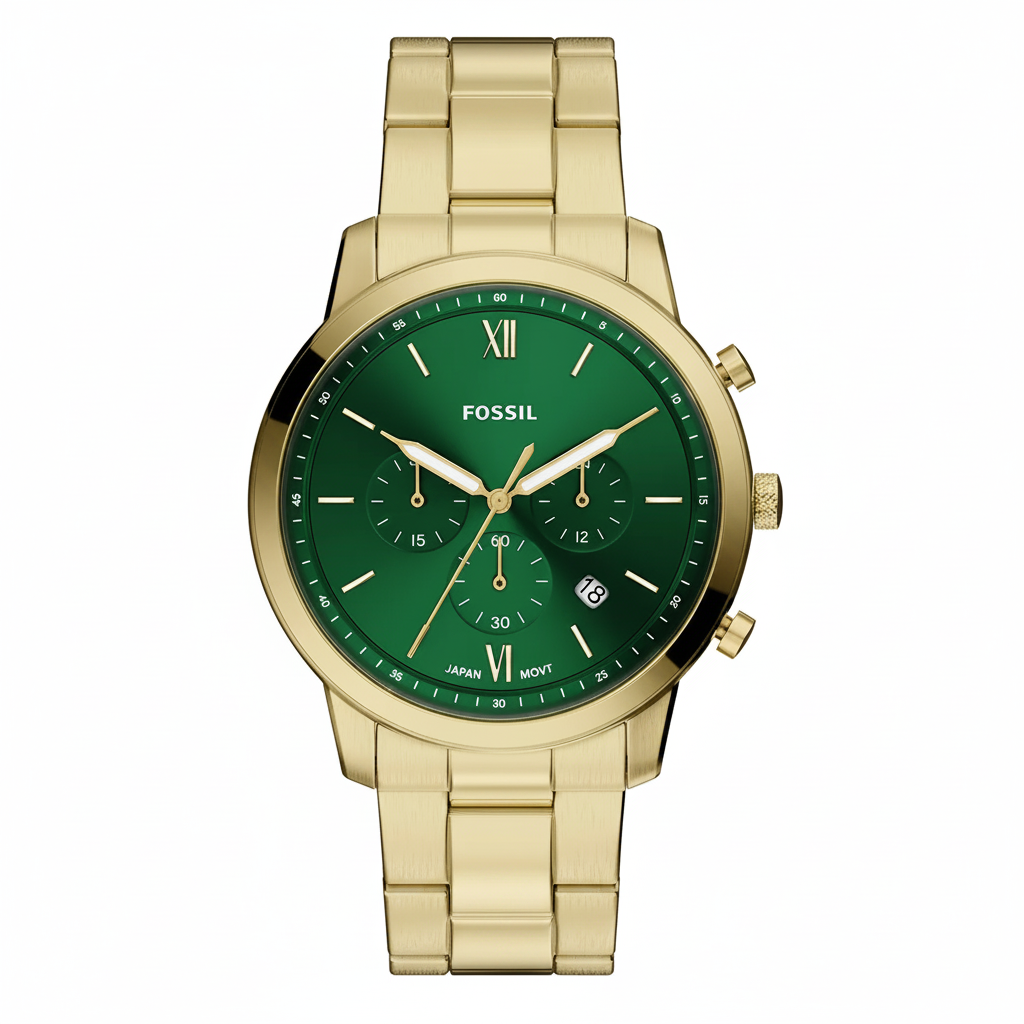 Fossil Neutra Chrono verde esmeralda dorado fondo blanco