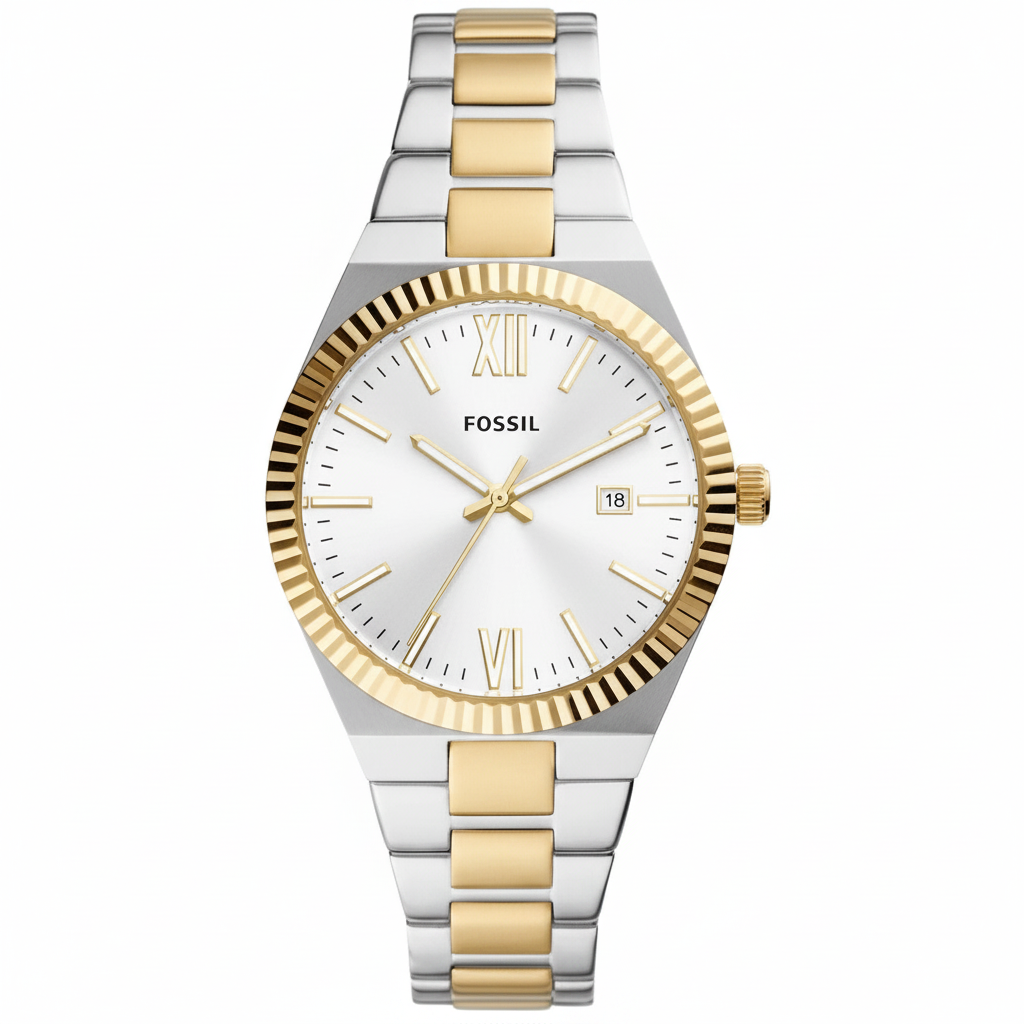 Fossil Scarlette bicolor plateado dorado fondo blanco