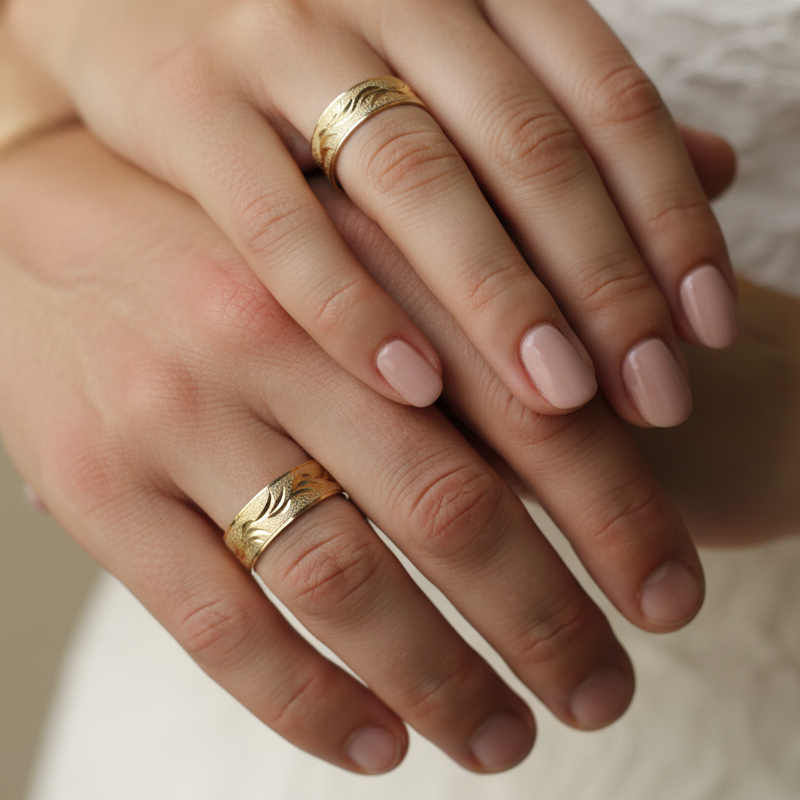 Manos pareja con anillos tallados