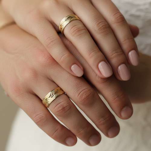 Manos pareja con anillos tallados