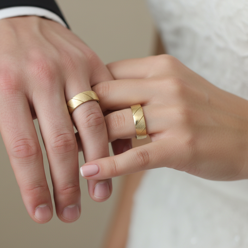 Pareja casada con uñas arregladas y anillos espejo