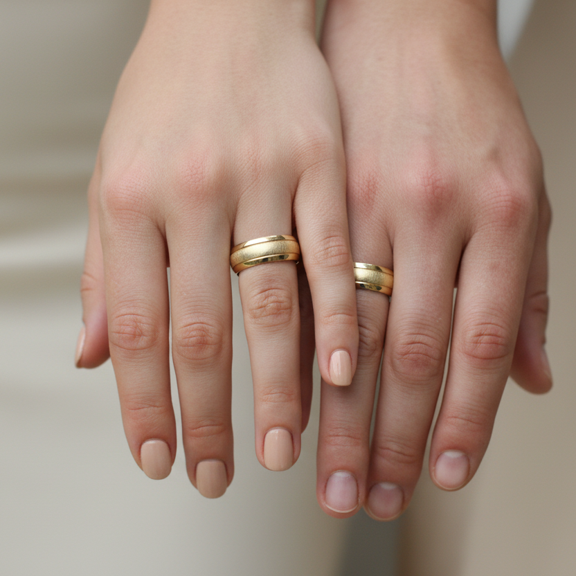 Pareja con uñas pintadas y anillos
