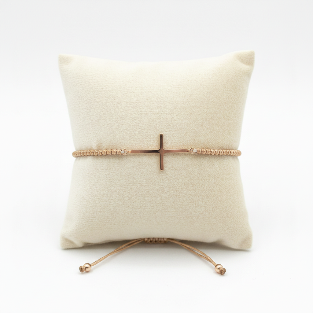 Pulsera cruz rosa en almohada con cuerdas