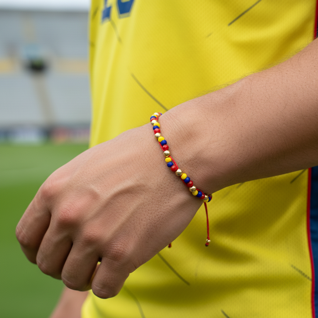 Pulsera tejida Colombia en mano de hombre con camiseta de Colombia