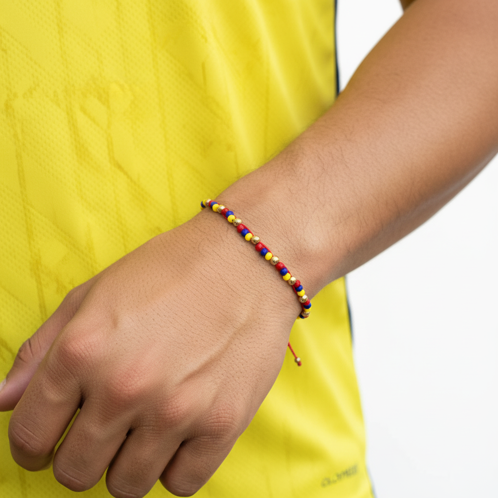 Pulsera tejida Colombia en mano de hombre con camiseta - fiel al original