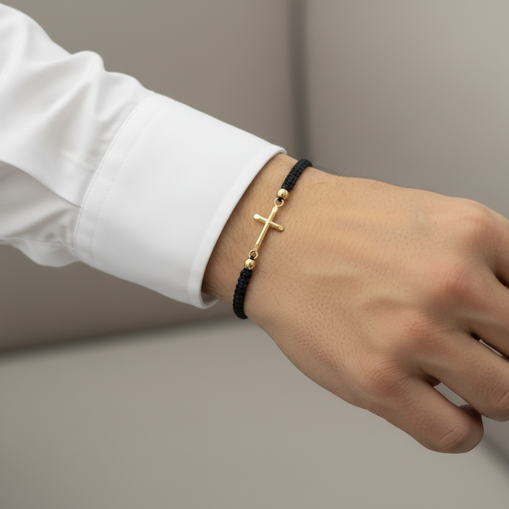 Pulsera tejida espiritual en mano de hombre elegante