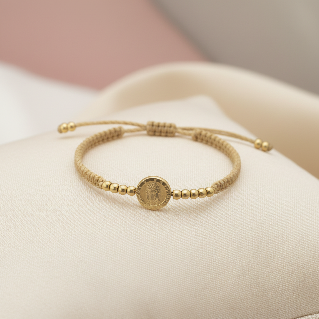 Pulsera tejida Guadalupe en almohada
