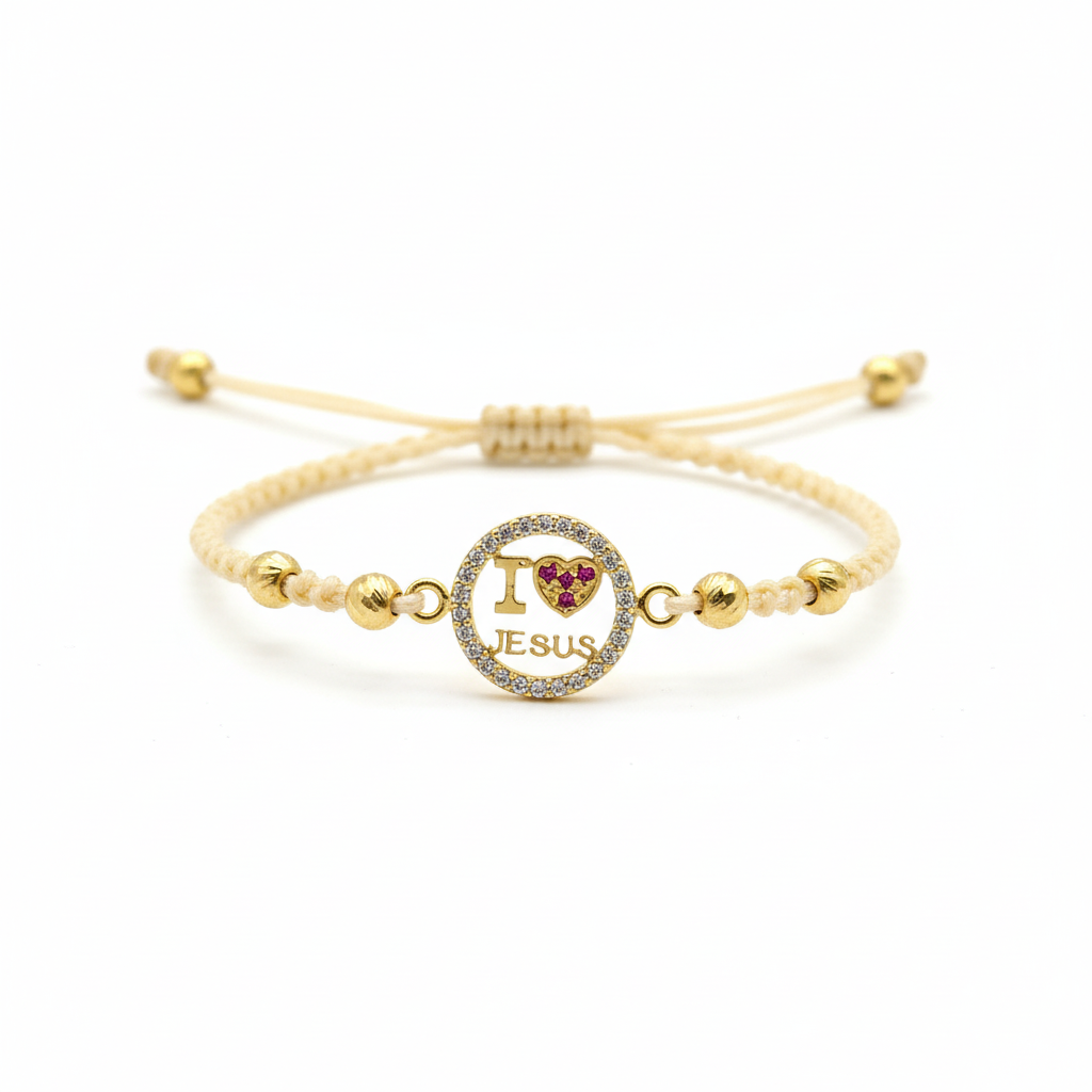 Pulsera tejida ILJesus fondo blanco - balines diamantados