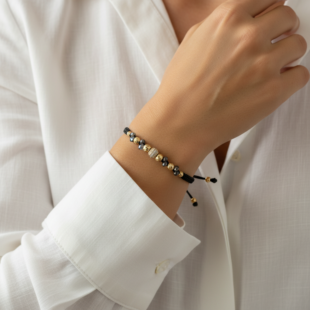 Pulsera tejida piedras en mano