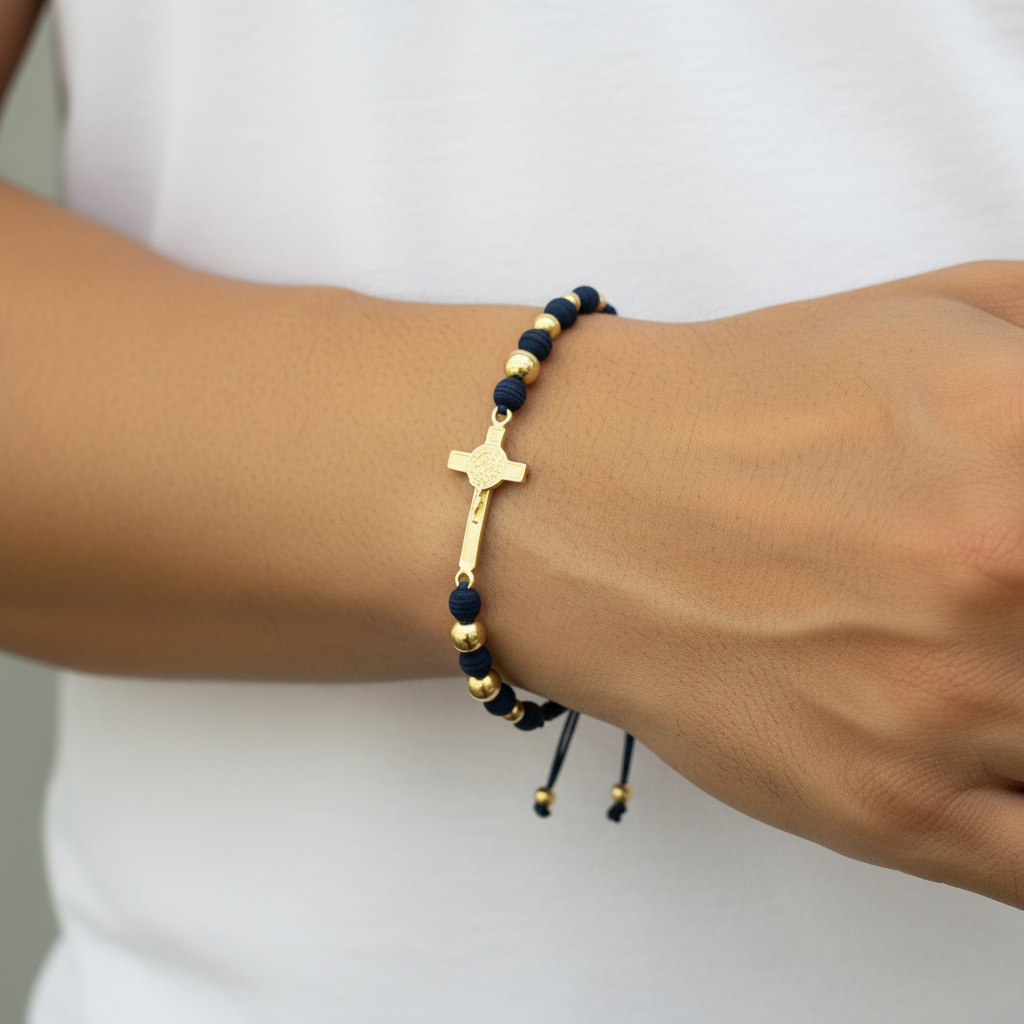 Pulsera tejida sagrado en mano de hombre