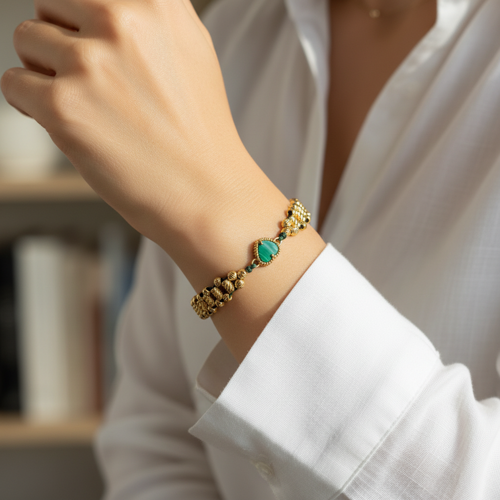 Pulsera tejido esmeralda en mano