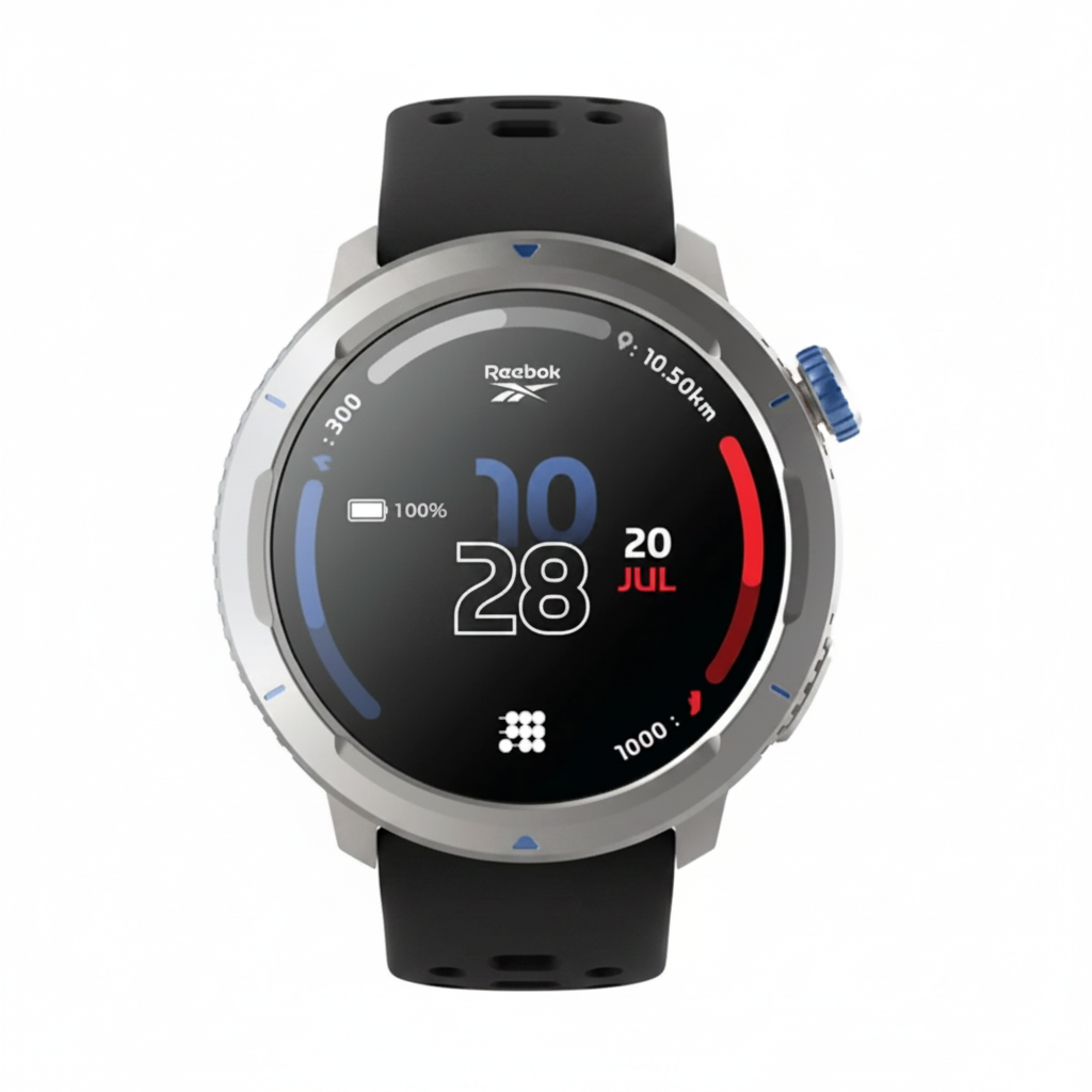 Reebok smartwatch gris azul fondo blanco