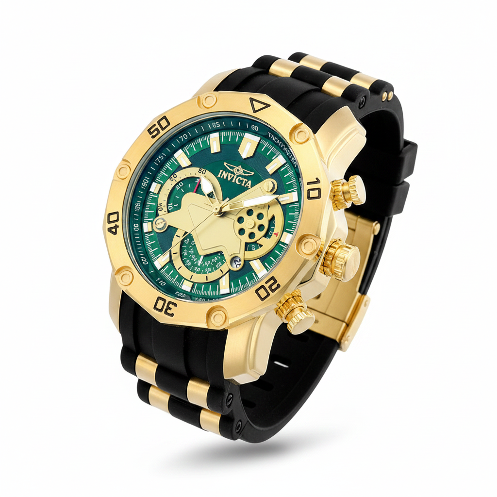 Reloj Invicta verde dorado fondo blanco