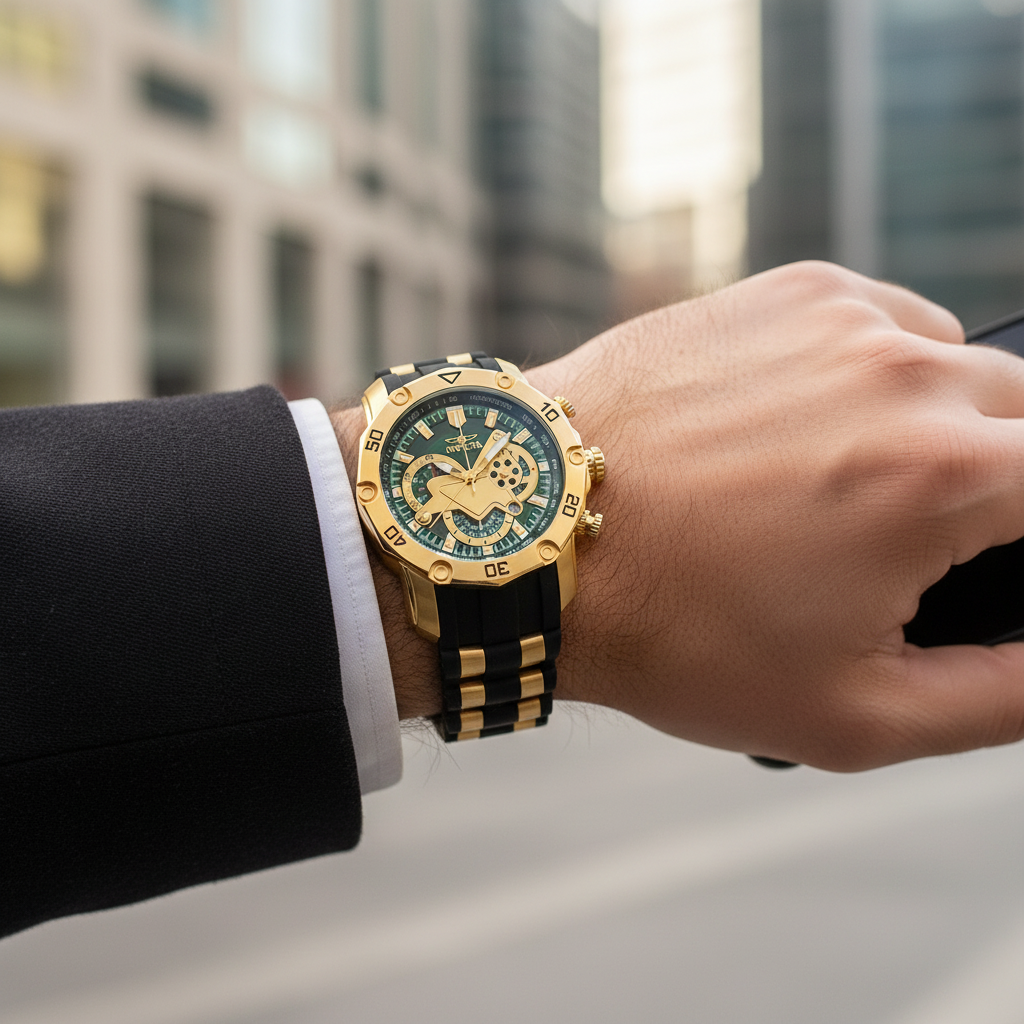 Reloj Invicta verde dorado lifestyle