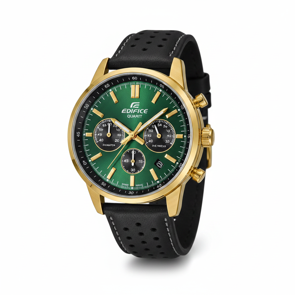 Reloj verde dorado fondo blanco