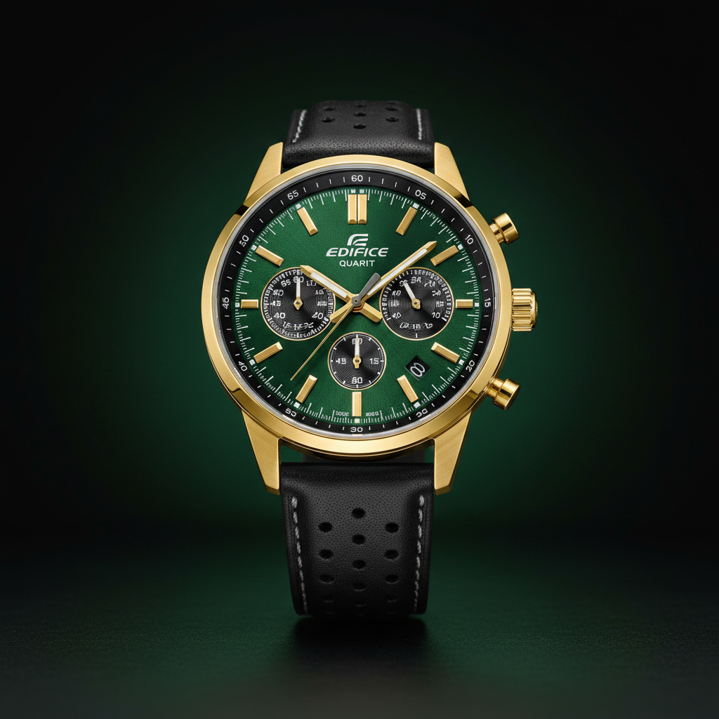Reloj verde dorado fondo oscuro