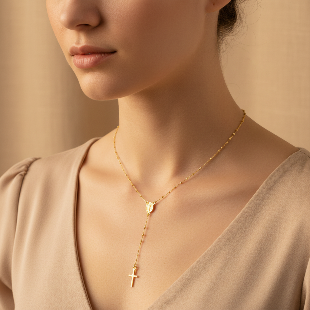 Rosario oro amarillo en cuello lifestyle
