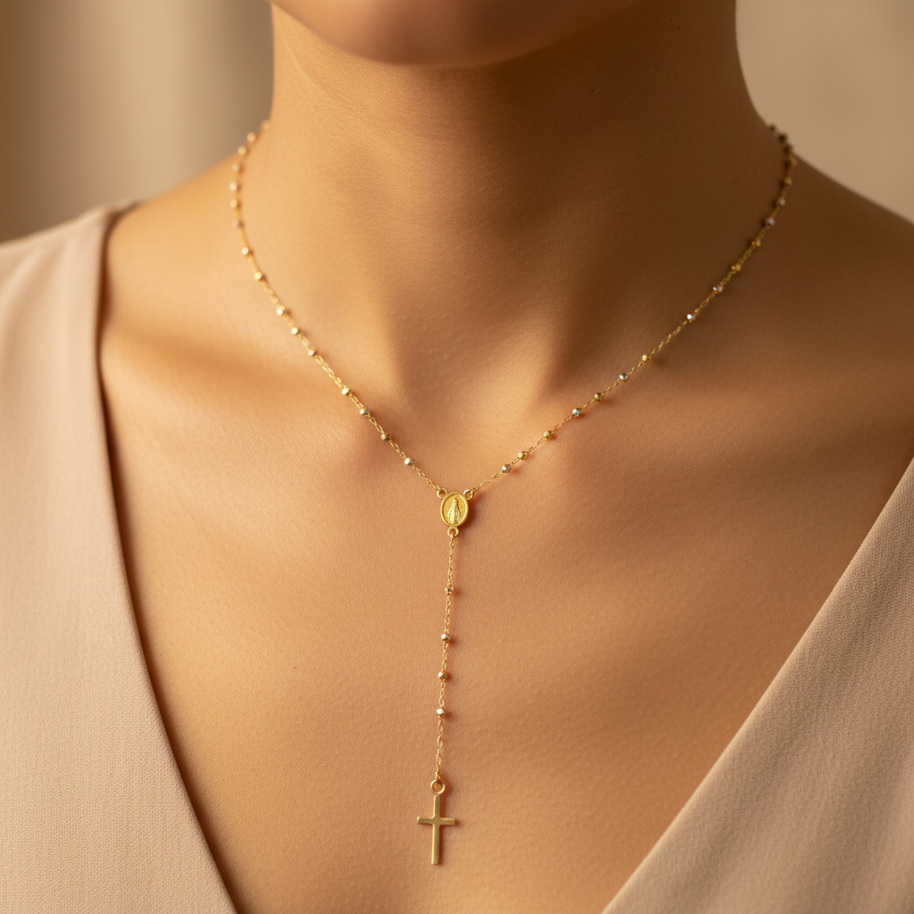 Rosario tres oros en cuello de mujer