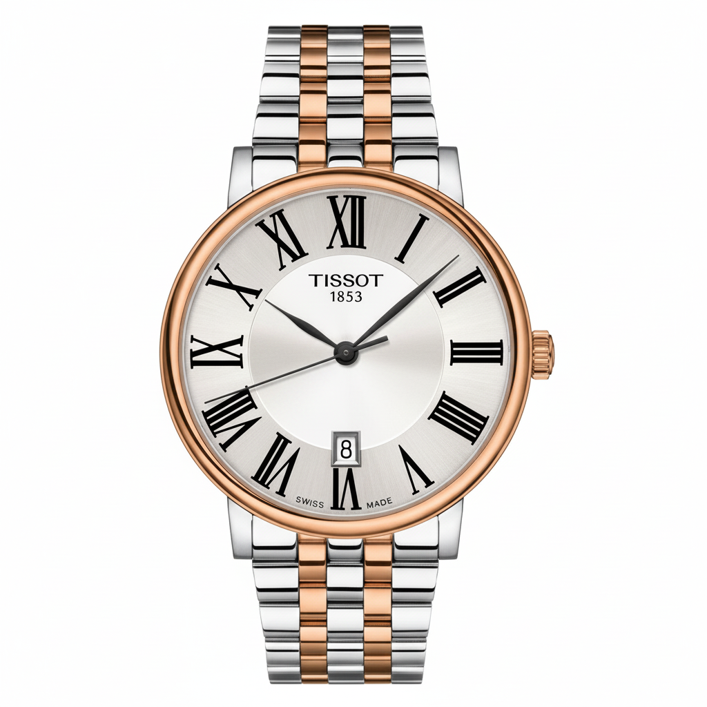 Tissot Carson bicolor oro rosa fondo blanco