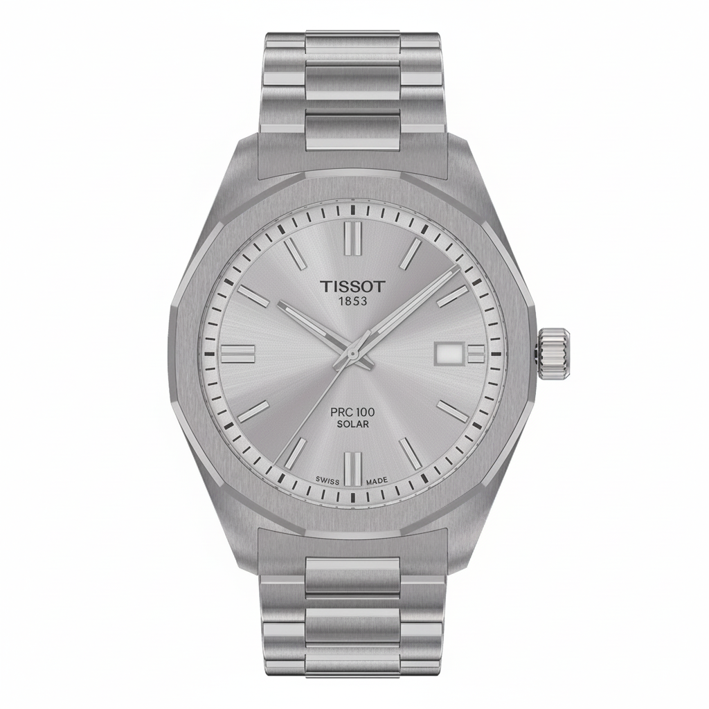 Tissot PRC 100 Solar plateado fondo blanco
