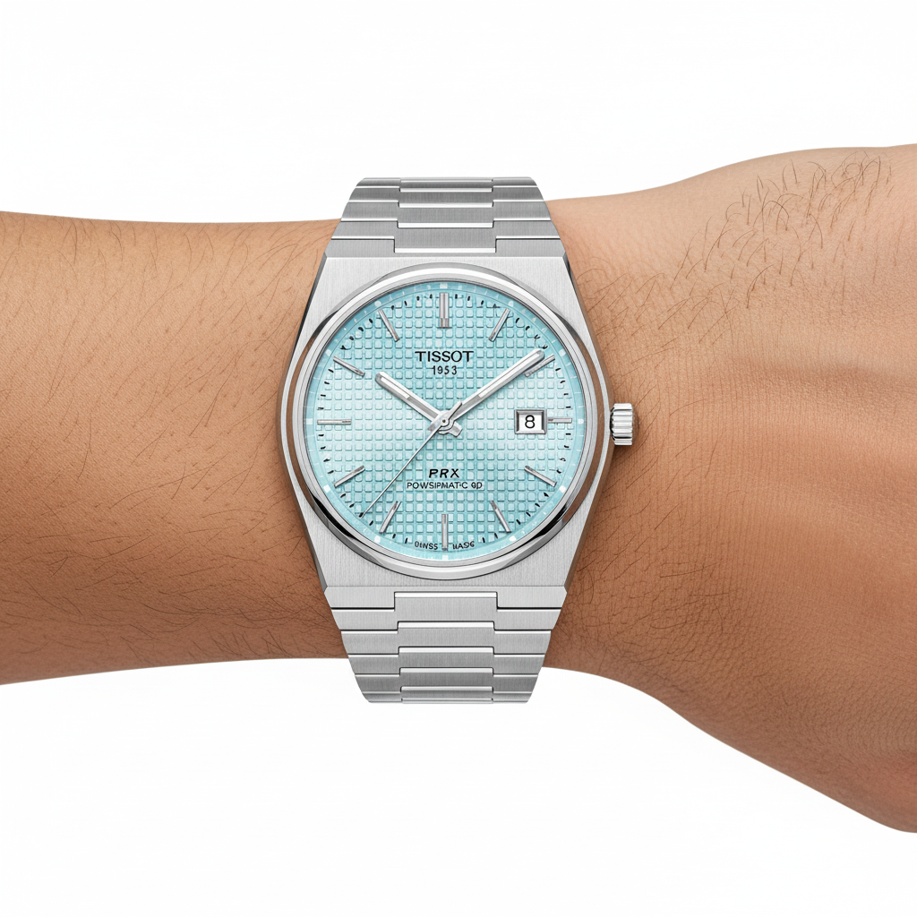 Tissot PRX Powermatic 80 azul hielo en muñeca