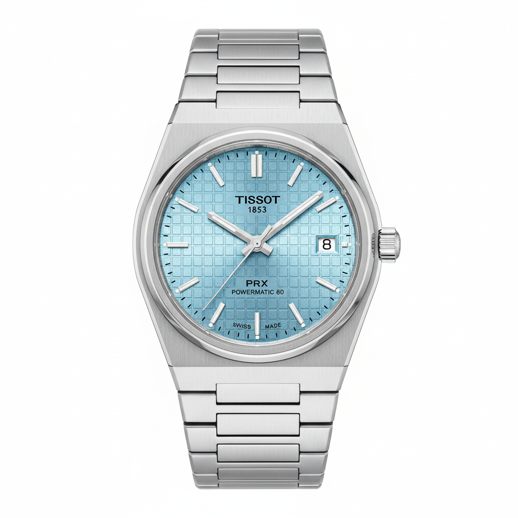 Tissot PRX Powermatic 80 azul hielo fondo blanco