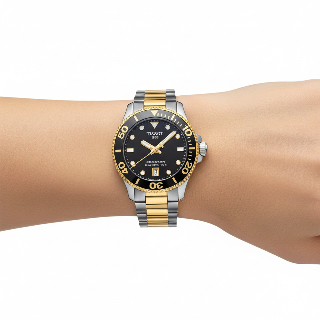 Tissot Seastar bicolor negro en mano