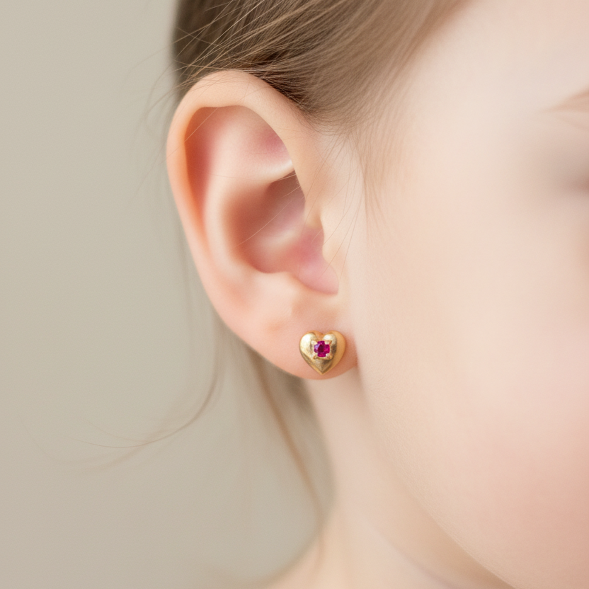 Topito de corazón con rubí diseño original 0.1cm en oreja de niña