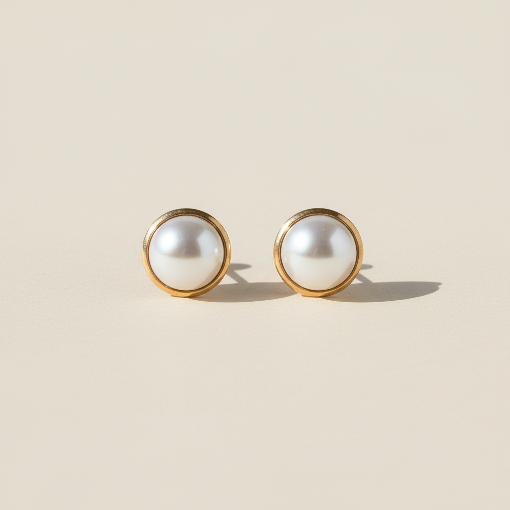 Topitos en oro con perla fondo beige plano