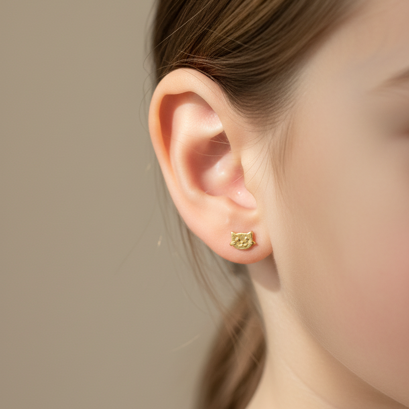 Topitos gatito en oro muy pequeños en oreja de niña